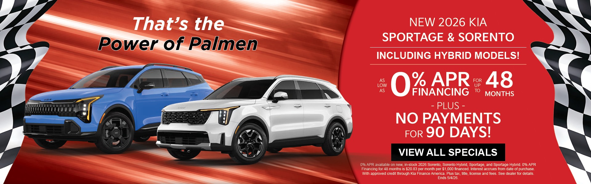 New 2026 Kia Sportage & Sorento Including Hybrid Models - As Low As 0% APR Financing for up to 48 months + No Payments for 90 Days at Palmen Kia